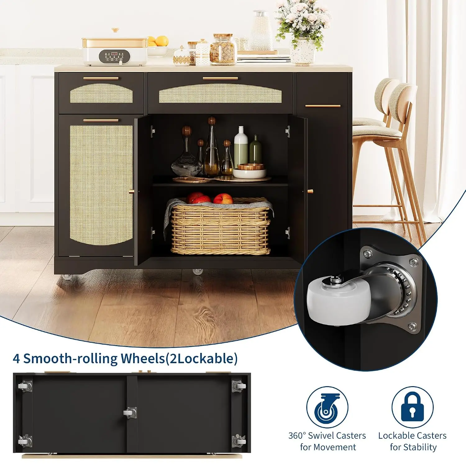 47 Inch Kitchen Island with Wheels & Storage, Customized