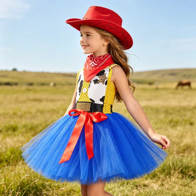 Mädchen Western-Ranch-Stil Trägerkleid mit Tüllrock-Set, Kuh-Print-Kleid, Kinder-Halloween-Kostüm Geburtstagskleid – Detail 3