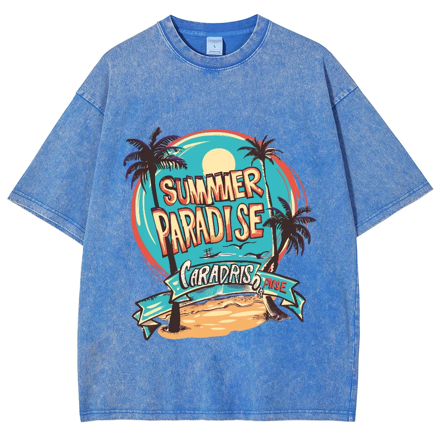 American Retro Beach Landscape Print Women's Washed T-Shirt Oversized Cotton Comfortable Short Sleeve Student Casual Street Top