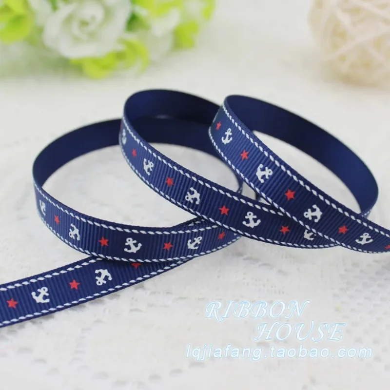 2 Meters/lot 9mm Single Face Printed Sea Anchor Grosgrain Ribbon for Christmas Wedding Decorative Gift Packing DIY Crafts