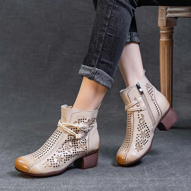 DRKANOL Fashion Women Summer Cool Boots Hollow Breathable Thick Heel Round Toe Retro Style Ankle Boots For Women Casual Shoes