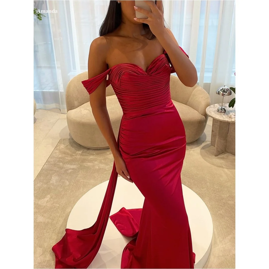 

Amanda Customized Red Mermaid Off The Shoulder Prom Dress Strapless Satin vestidos de noche Floor-Length Formal Evening 2025