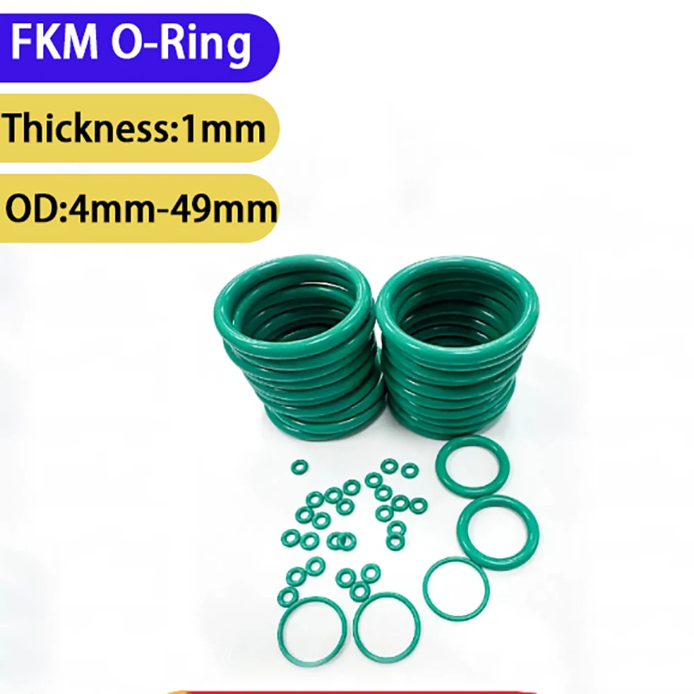 10-100Pcs Green FKM O-Ring Washer Faucet Plumbing Gaskets Thick CS 1mm OD 4mm-49mm Fluoro Rubber Oil Resistant Gasket Sealing