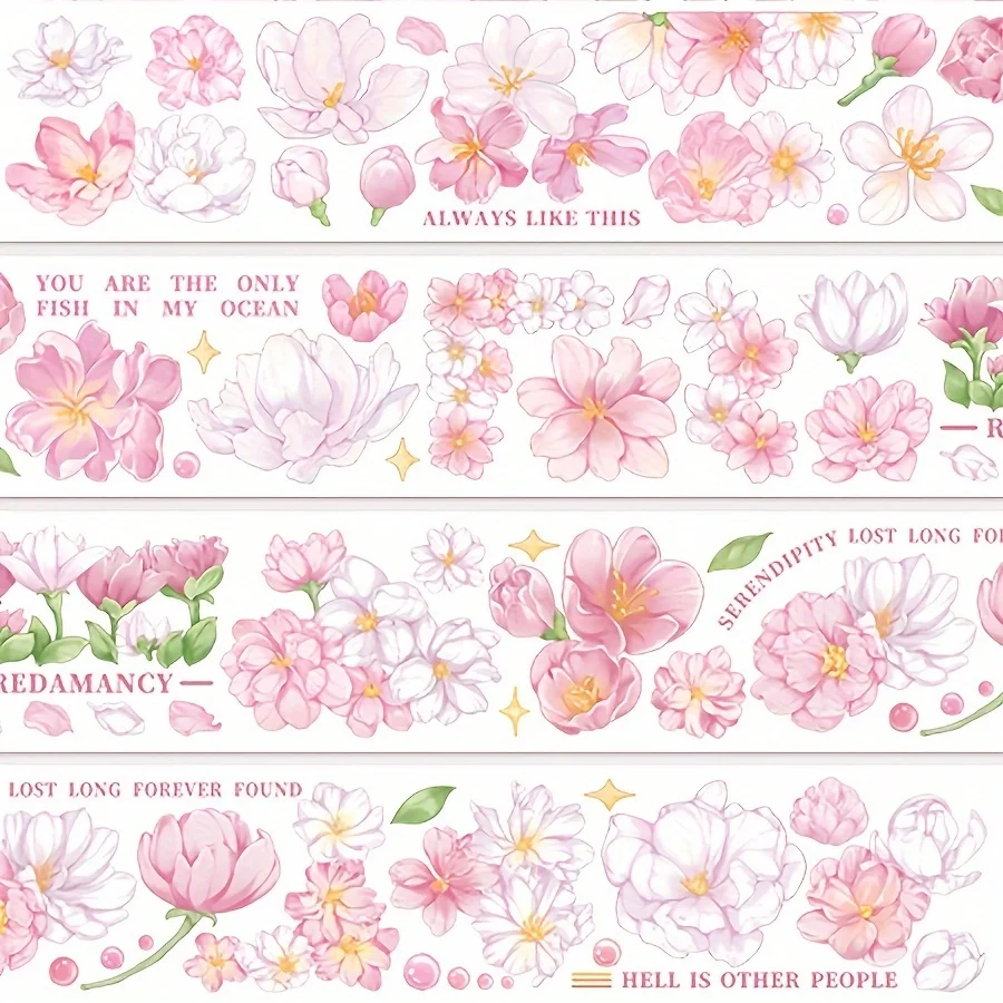 2M Pink Flower PET Decorative Stickers Vintage Rose Transparent Washi Tape For Scrapbooking Journal DIY Card Making Materials