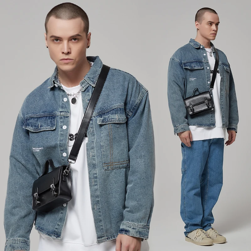 Retro Men's Messenger Bag Simple Small Squre Phone Purse Wide Shoulder Strap Crossbody Bag Mini Full Flap Pu Leather Satchel Bag