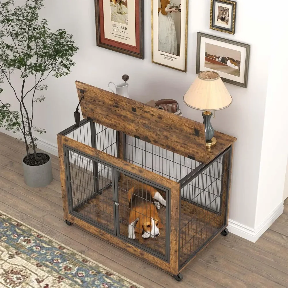 Wooden Dog Crate Table Furniture, Dog Kennel , Flip-up Top Opening and Wheels, Decorative Pet Crate  38.6