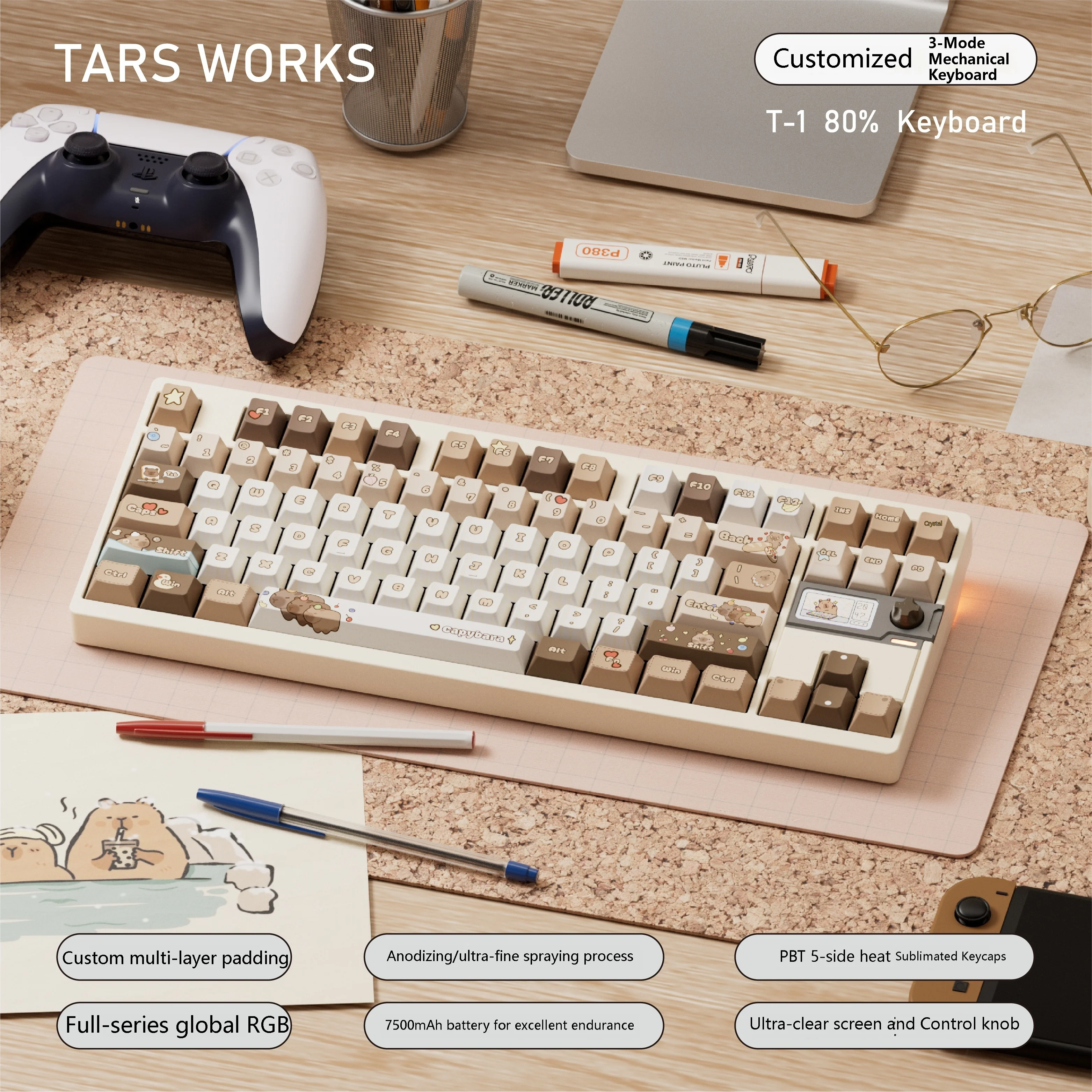 

TarsWorks T-1 Mechanical Keyboard CNC Aluminum Shell 80% Layout with Control Knob Screen 2.4G 1000Hz Polling Rate Wireless