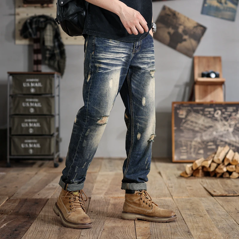 2024Summer New Ripped Jeans Men's Large Size Loose Elastic Retro Worn Looking Washed-out Casual All-Matching190KGPants28-48Size