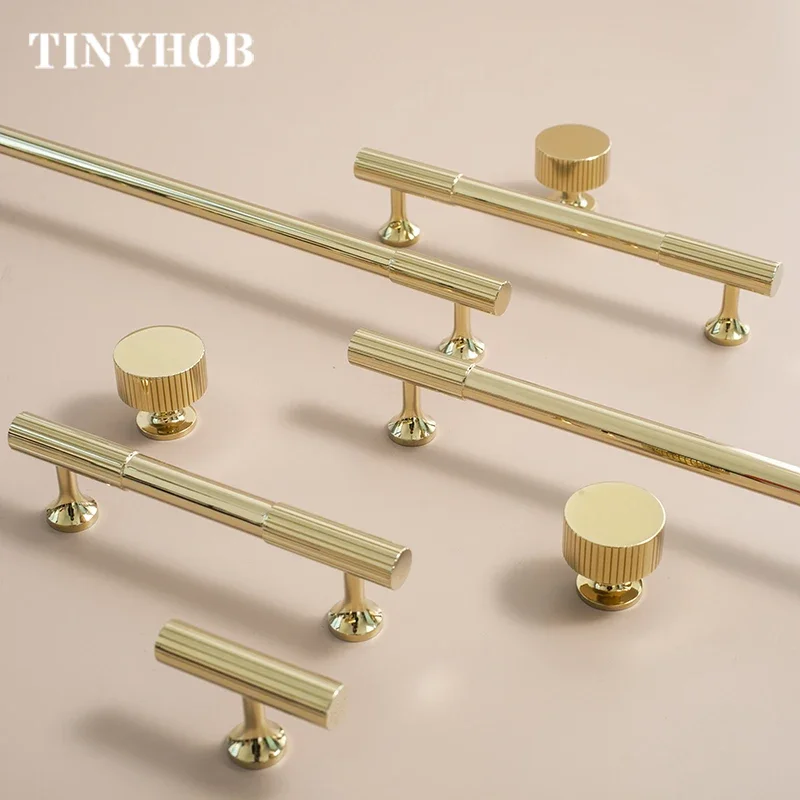 Tinyhob Яркое Золото/Вертикальные Линии Твердые Латунные Ручки Ящика Т-образная Ручка Спальня Тяги Ручка Дверной Ручки Кухонного Шкафа