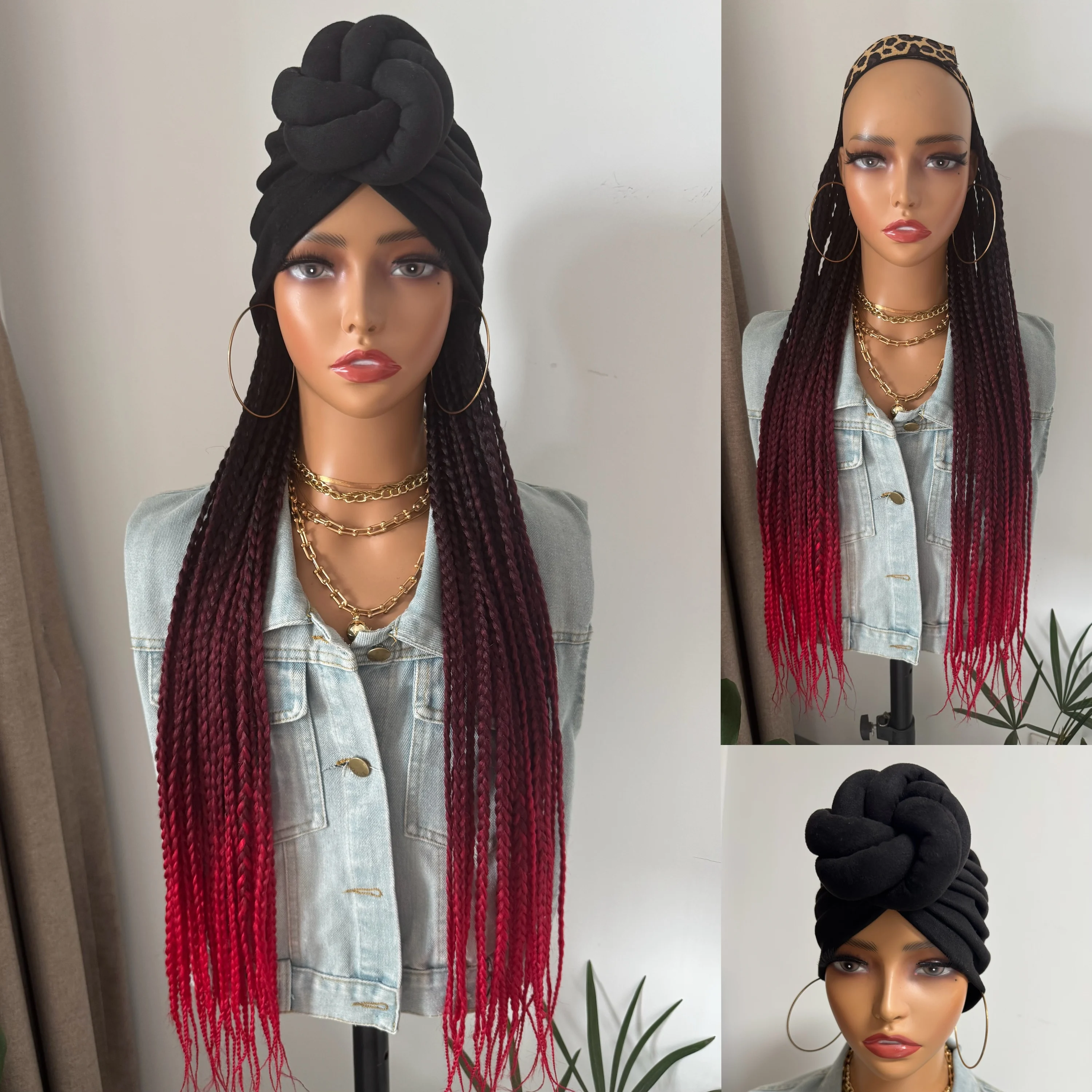 Long Ombre Black Bronw Blonde Red Fantasy Synthetic Box Braided With Elastic Bands Headband Turban Braiding Hair Extensions Wigs