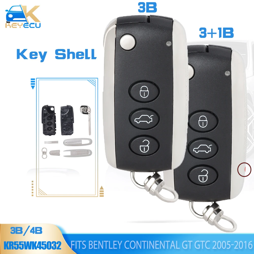 

KEYECU Uncut Folding Remote Key Shell Case Fob 3/4 Button Replacement for Bentley Continental GT GTC Flying Spur 2006-2016