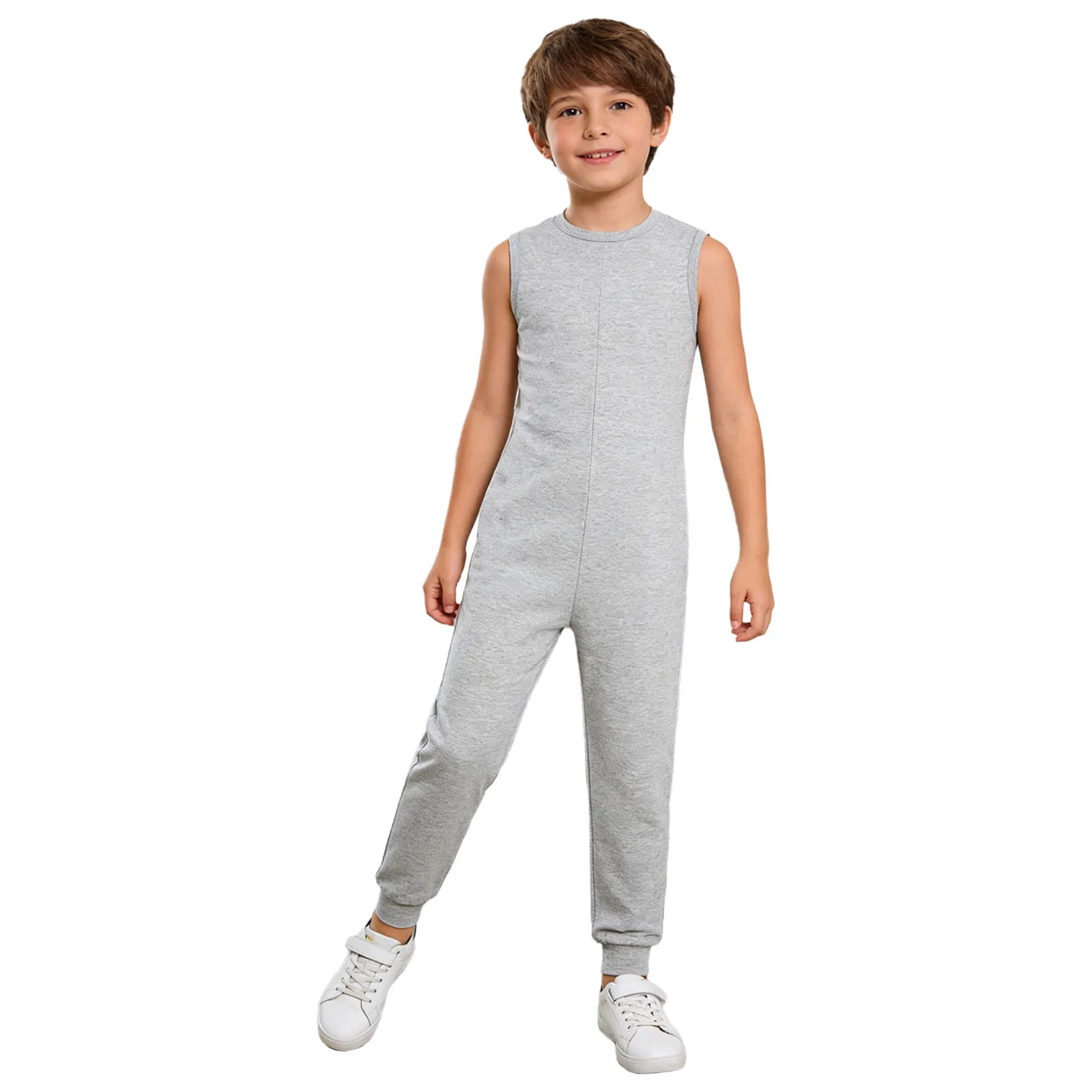 Kids Boy Girls Special Needs Adaptive Clothing Round Neck Sleeveless Back Invisible Zipper Solid Color Cotton Full Body Jumpsuit