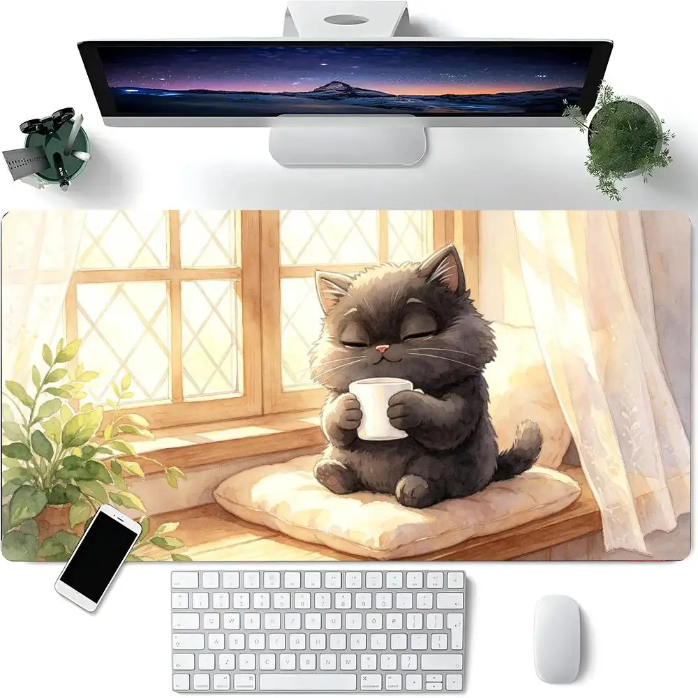 Watercolor Fluffy Black Cat Holding Mug Large Mouse Pad Sunny Window Sill Green Plant Warm Home Style Desk Mat Desktop Decor