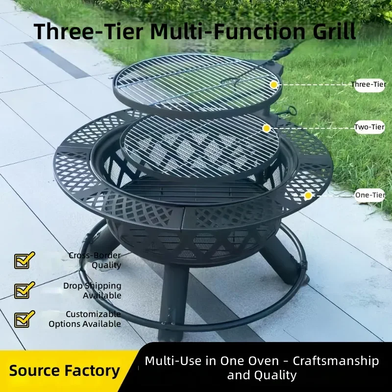 Outdoor Round Grill Stove Portable Charcoal BBQ Enclosure for Tea Making Patio Garden Camping Picnic Full Set Cooking Kit
