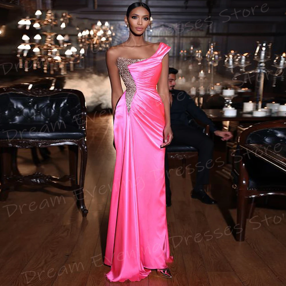 Graceful Pink Mermaid Charming Women's Evening Dresses One Shoulder Sleeveless Prom Gowns Beaded Formal Party Vestido De Noche