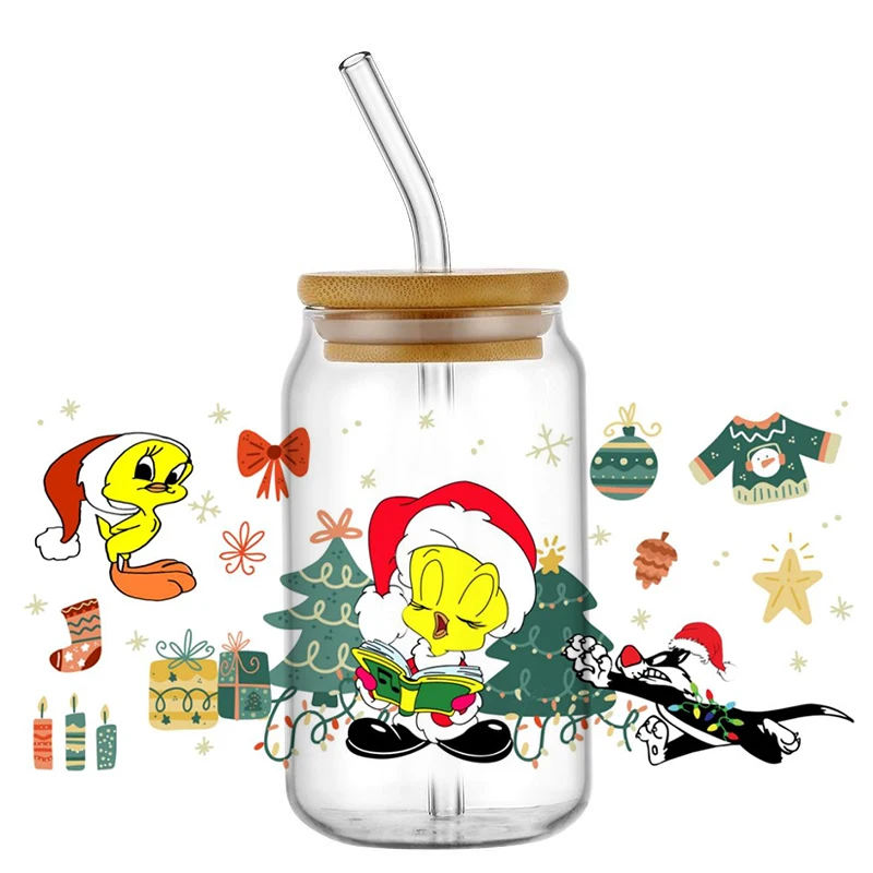 Miniso Christmas Tweety Decal UV DTF Transfer Glass Sticker Waterproof Merry Xmas Cartoon Design for 16oz Glass Cup Wrap Sticker