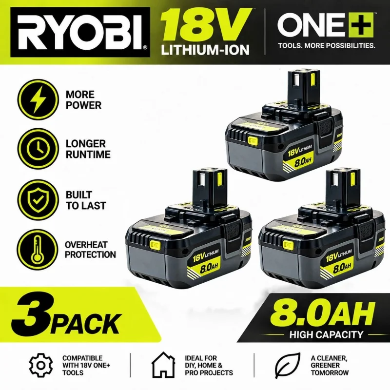 RYOBI 18V ONE+ 6.0Ah 8.0Ah New Upgrade Lithium Battery, Support Fast Charging Long Runtime, Cordless Power Tool Battery