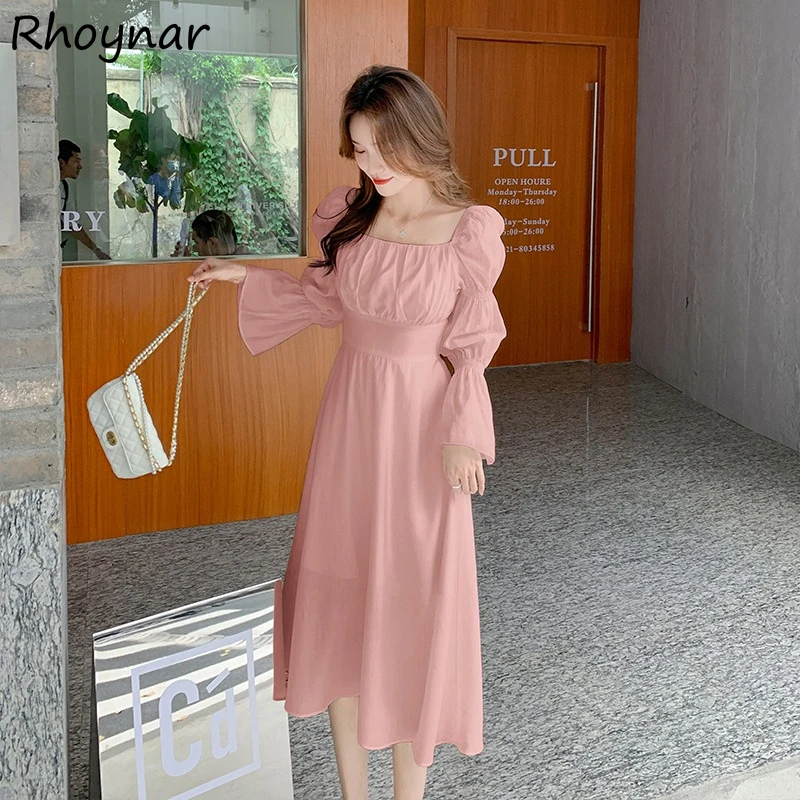 

Solid Puff Sleeve Dresses Women Spring Elegant Temperament Lace-up A-line Square Collar Fashion French Style Casual Vacation