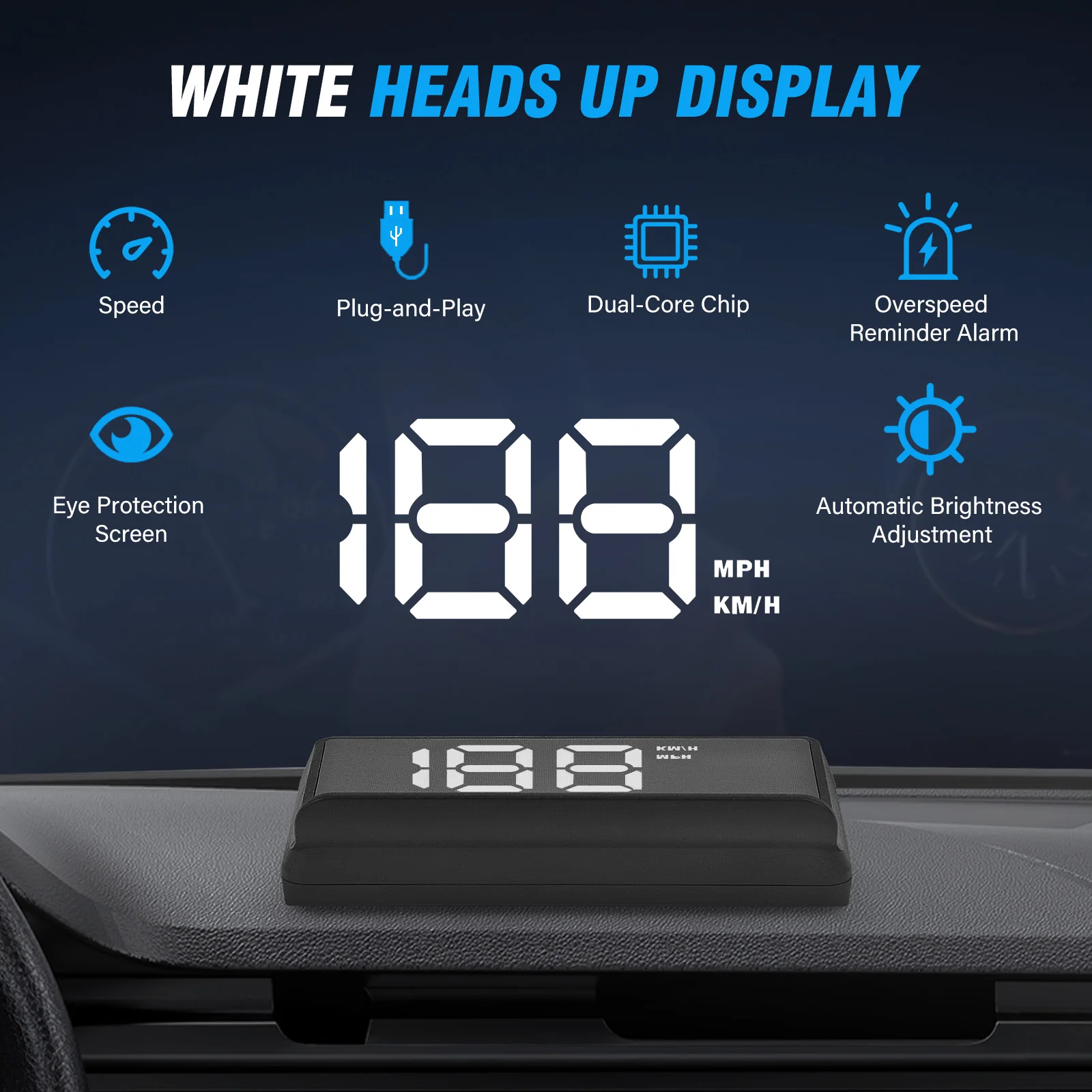 W2 White Reflective HUD Digital Speedometer For Cars Triple Over-Speed Alarm Auto Light Sensor KM/H MPH Switchable Voltage 5V