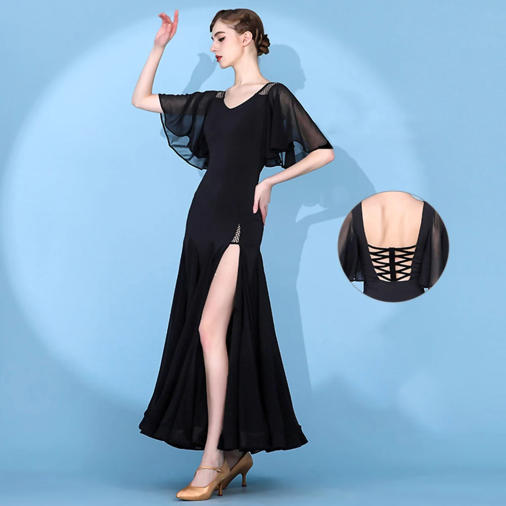 Vestido largo negro con cuello en V, vestido de competición estándar, vestido de Flamenco de gasa sin espalda, vestido de práctica de baile de salón