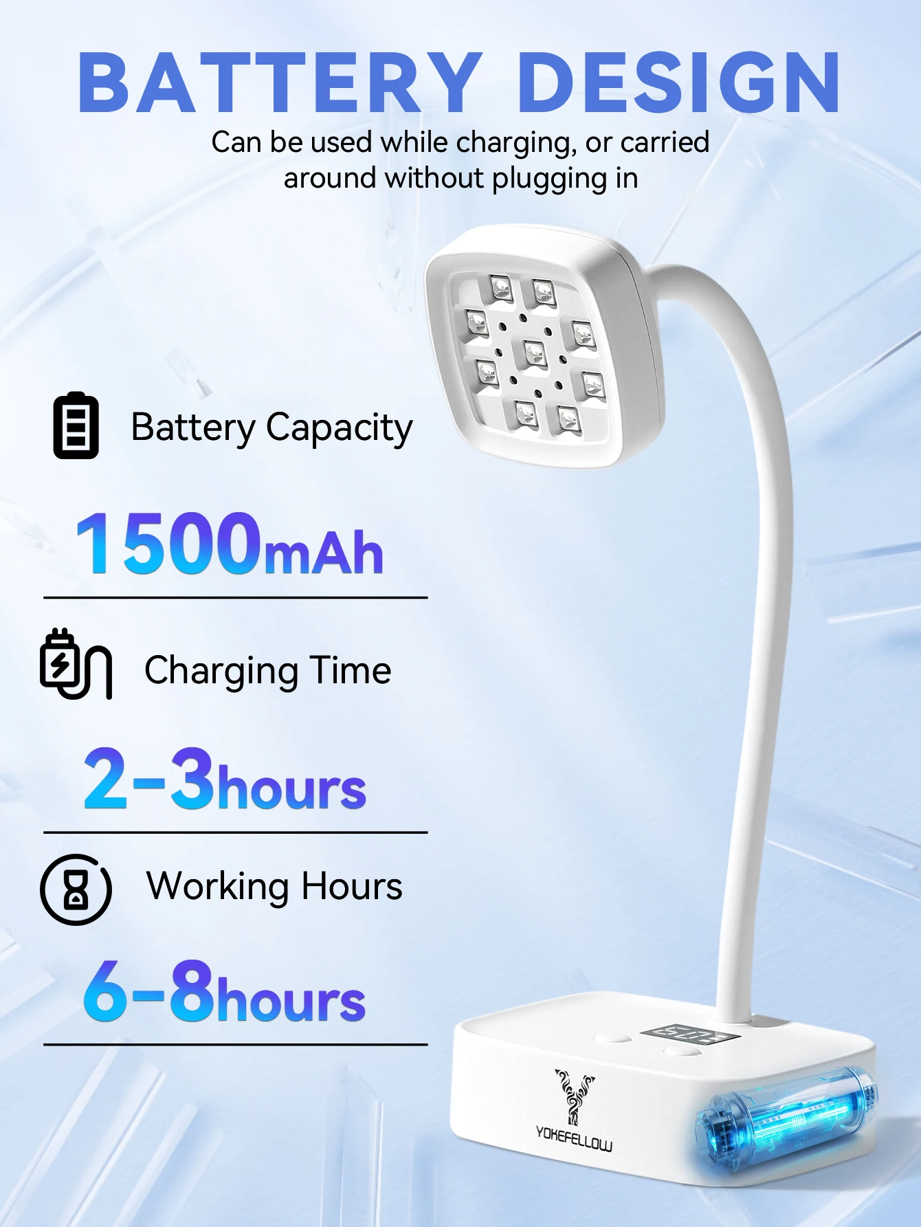 NEW YOKEFELLOW เครื่องอบเล็บ UV LED สำหรับอบเจลทาเล็บและปลายเล็บ แบบชาร์จไร้สาย พร้อมเซ็นเซอร์อัตโนมัติ คอโค้งงอได้