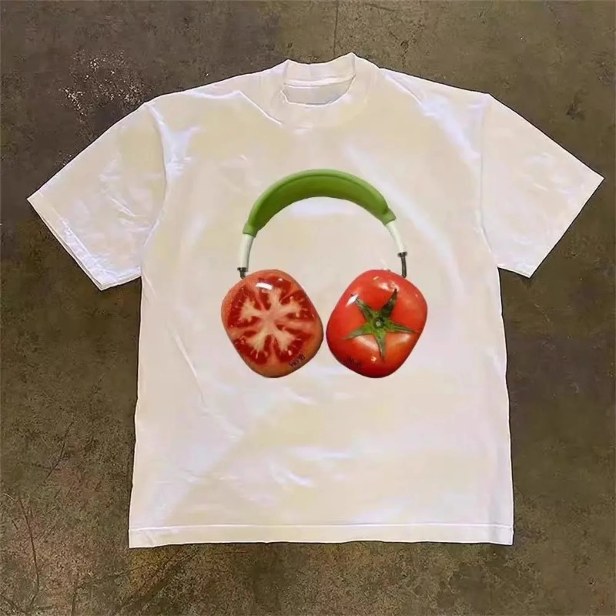 

New Men's Japanese Street Retro White Washed Casual Retro Brazilian Berry Pattern T-shirt Cotton Loose Vatage Style Old Unseix