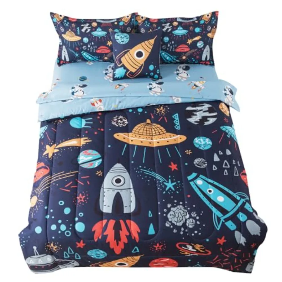 Juego de Ropa de Cama de 6 Piezas, Edredón 3D con Diseño de Cohetes y Planetas para Niños, Niñas y Adolescentes, Cama Galáctica en una Bolsa con Sábanas y Fundas de Almohada de Astronauta