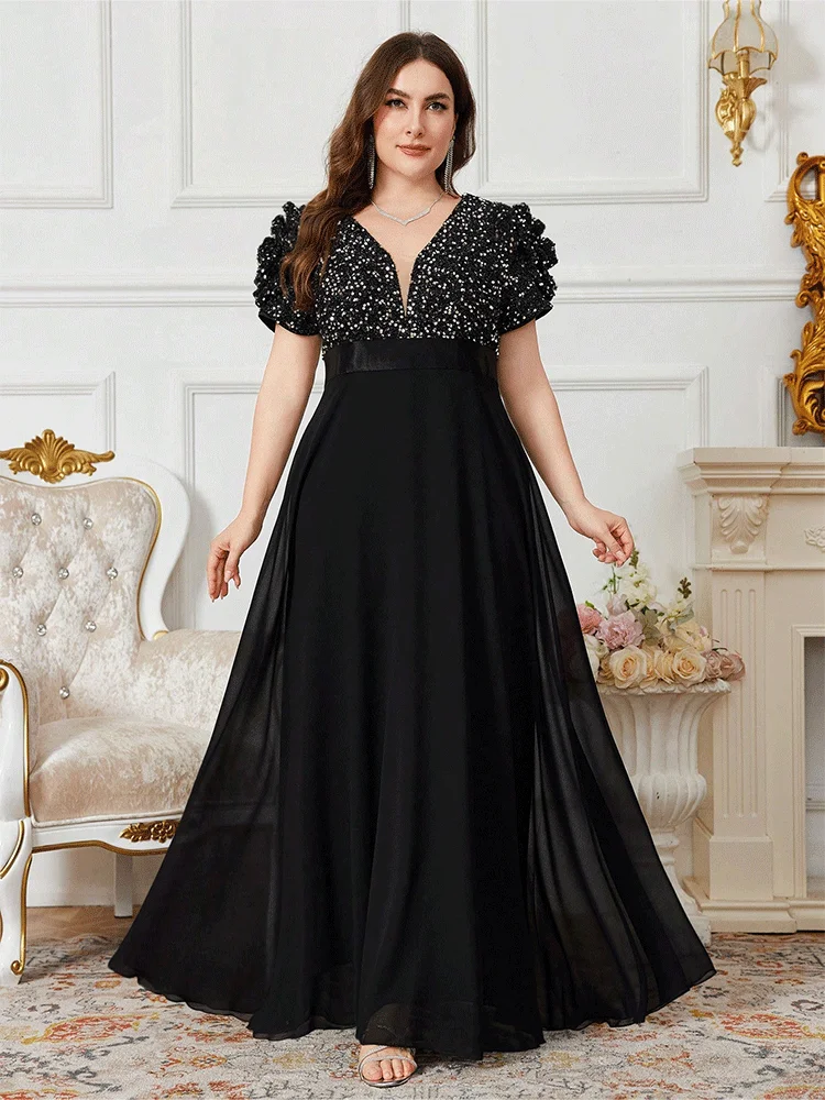 Grande taille col en v noir longueur au sol robe de soirée brillante grande taille en mousseline de soie demoiselle d'honneur de luxe 4xl5xl robe de soirée de mariage pour dames
