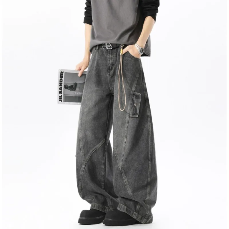 American Men's Casual Pockets Cargo Baggy Jeans High Street Fashion Denim Pantalones Hombre Spliced Straight Wide Leg Jean