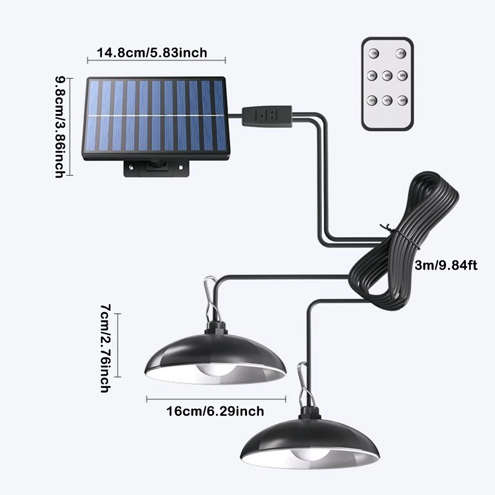 Solar-Kronleuchter für den Außenbereich, wasserdichte LED-Lampe, Doppelkopf-Pendelleuchte, Dekorationen mit Fernbedienung für den Innenbereich, Schuppen, Scheune, Zimmer