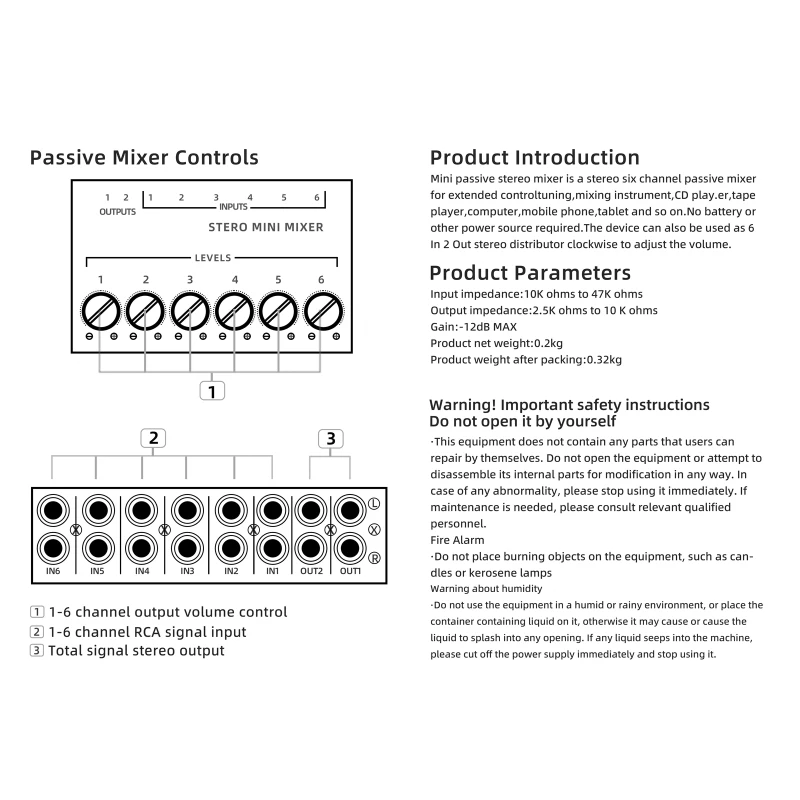 6-Kanal-Line-Passivmixer, für kleine Clubs oder Bars, kein Strom erforderlich