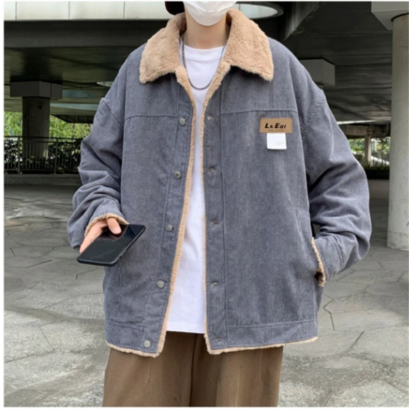 Vintage Corduroy Cotton Coats Men's Winter Thickened Warm Lamb Wool Cotton Casual Turn Down Jacket Coats Autumn Winter Outerwear