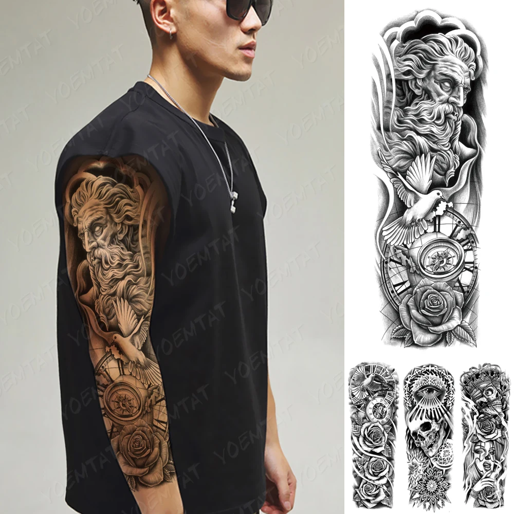 

Large Full Arm Sleeve Waterproof Temporary Tattoo Sticker Poseidon Peace Dove Compass Clock Rose Men Women Body Art Fake Tatto