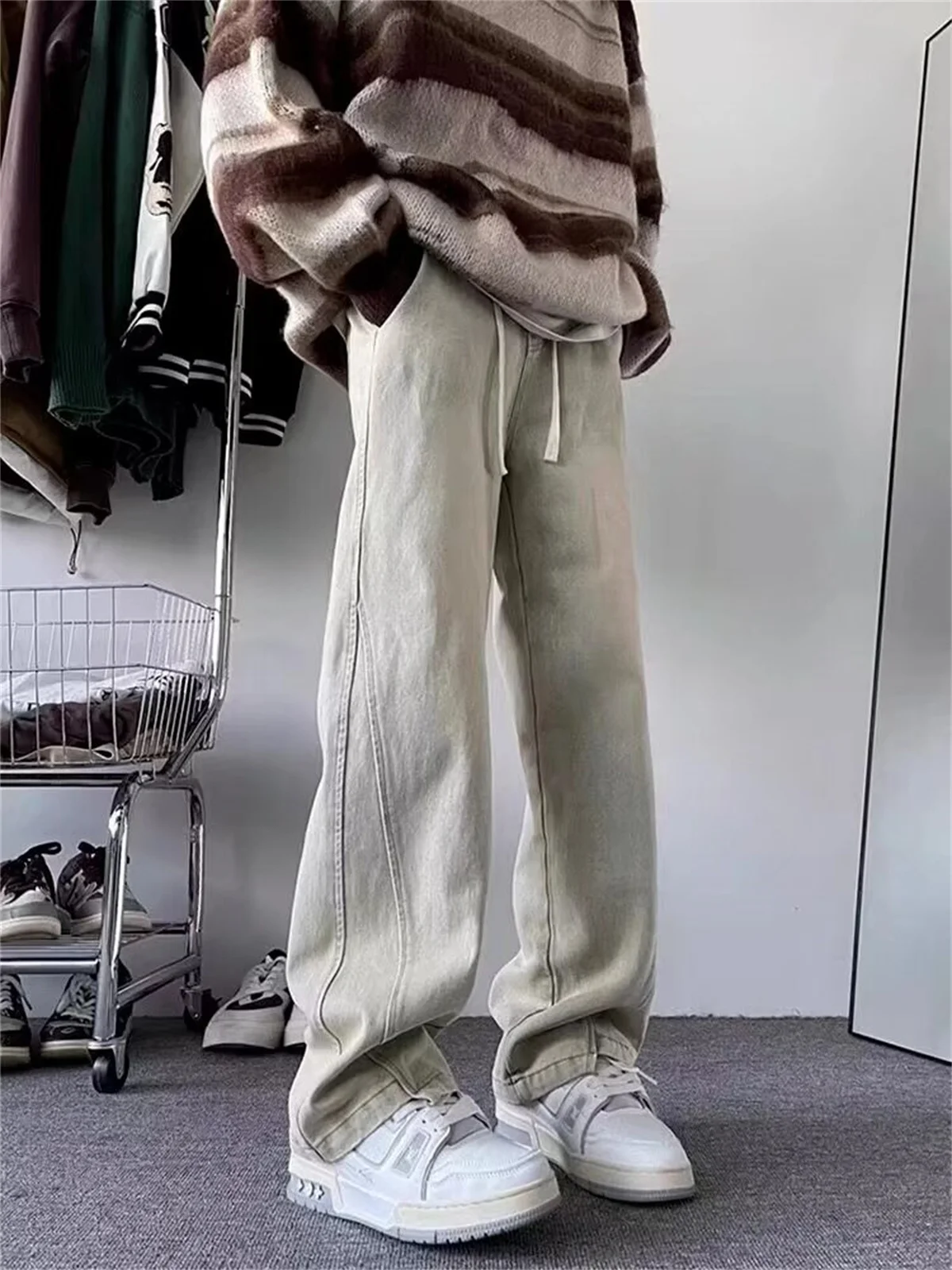 

Vintage Yellow Mud Color Men's Jeans High Street Sle Casual Wide Leg Long Pants American Brand Faionable Youth Summer Jeans