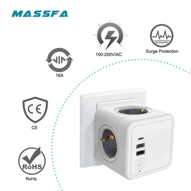 Massfa EU Plug 4 AC Outlets Multitap Socket Extension Electrical Power Strip with USB Type C Network Filter Adapter Smart Home