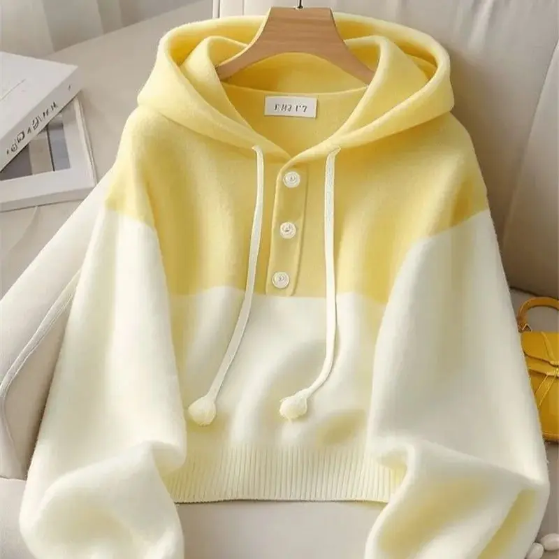 Limiguyue Yellow Patchwork Knitted Pullover Casual Loose Hooded Wool Sweater Women Autumn Winter Tassel Knitwear Versatile 286P