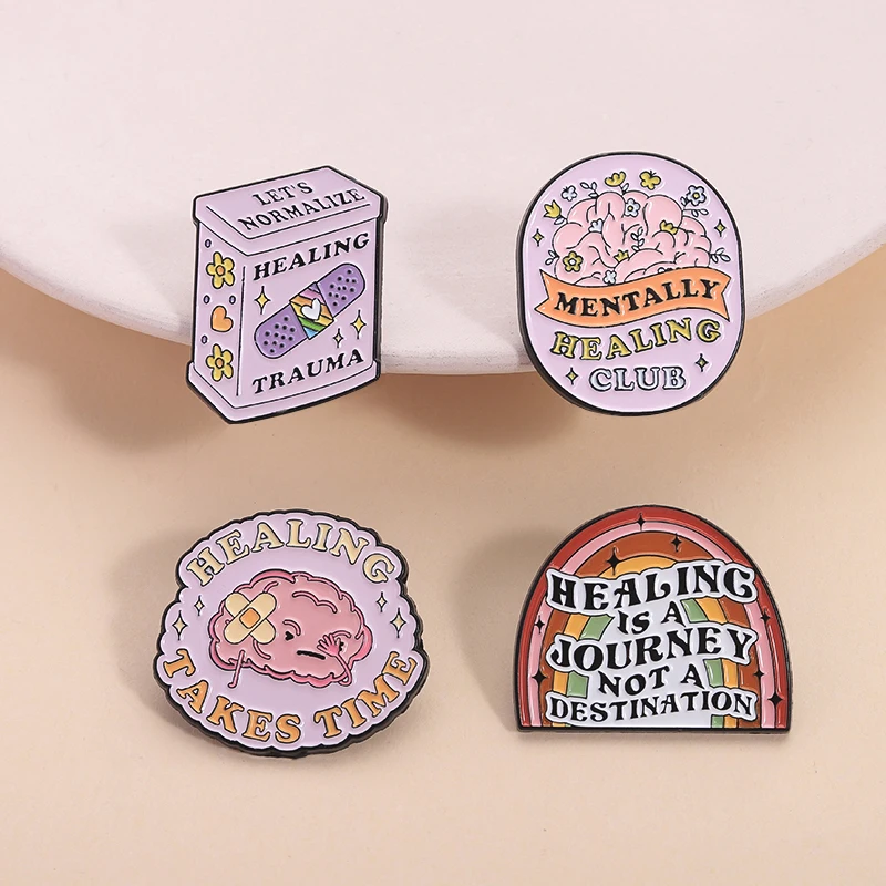 Mental Health Inspirational Quote Enamel Pins Mentally Healing Club Healing Takes Time Funny Brain Band-aids Badge Jewelry Gifts