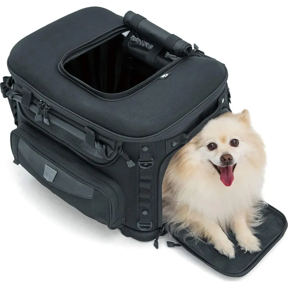 

Weatherproof Portable Motorcycle Pet Carrier for Dogs and Cats, Fits Rack or Passenger Seat, 35 lbs Capacity, Black