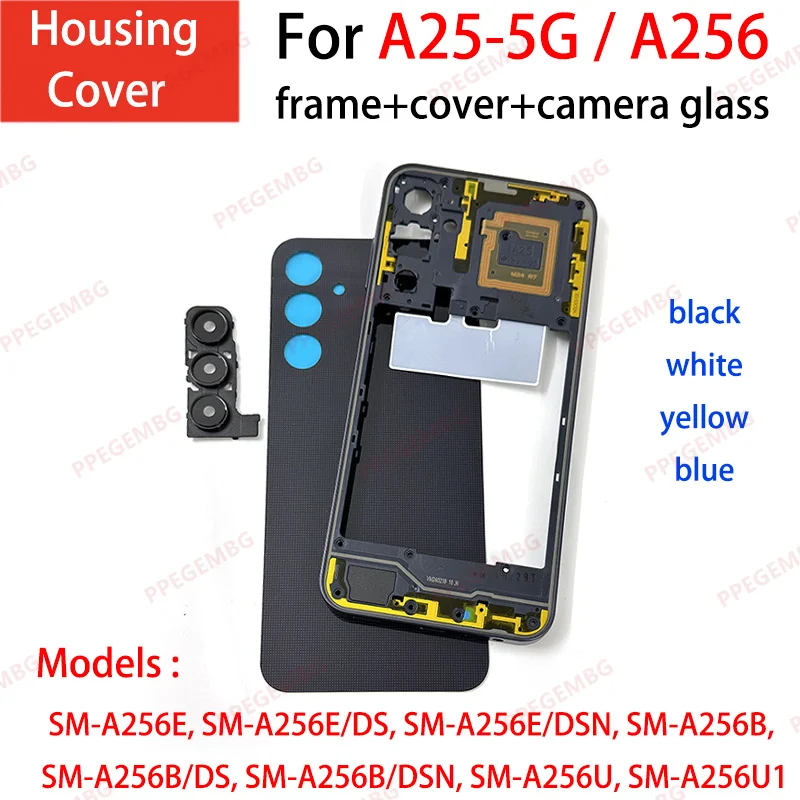 

A25 5G A256 For Samsung Galaxy A25 SM-A256 Battery Case Housing Chassis Middle Frame Back Cover Panel + Camera Lens Repair Parts