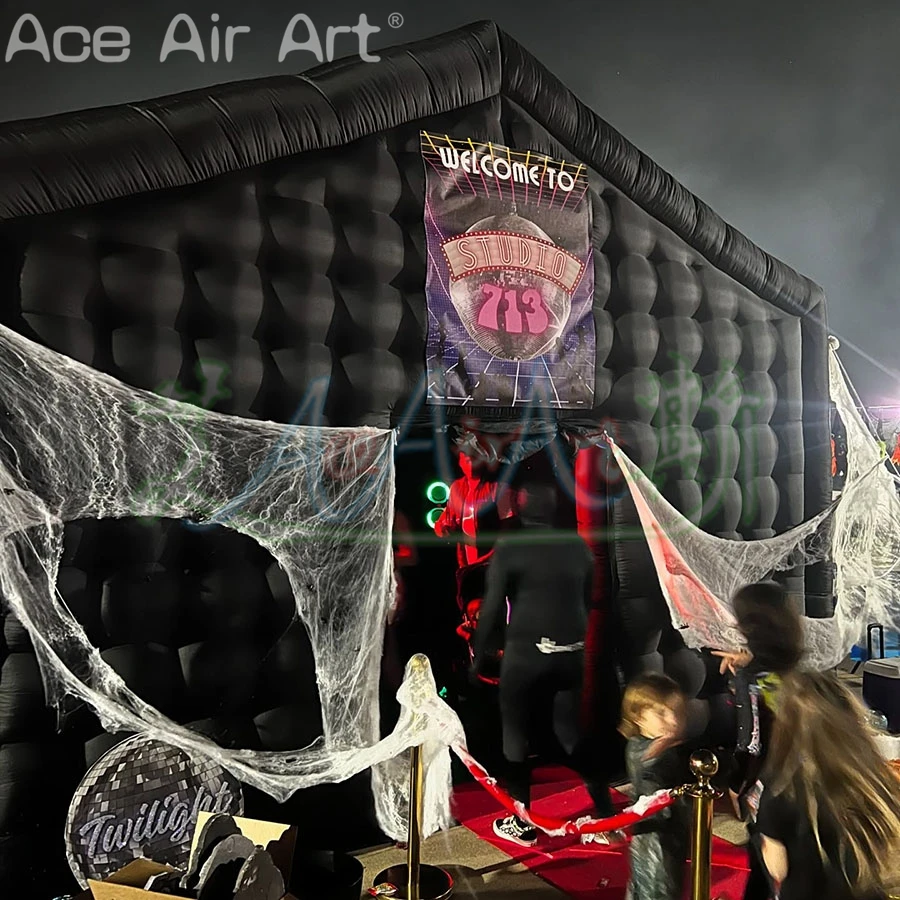 Tenda da discoteca portatile nera commerciale personalizzata Tenda da festa con cubo gonfiabile Tendone pop-up per noleggio/Eventi di Halloween all'aperto