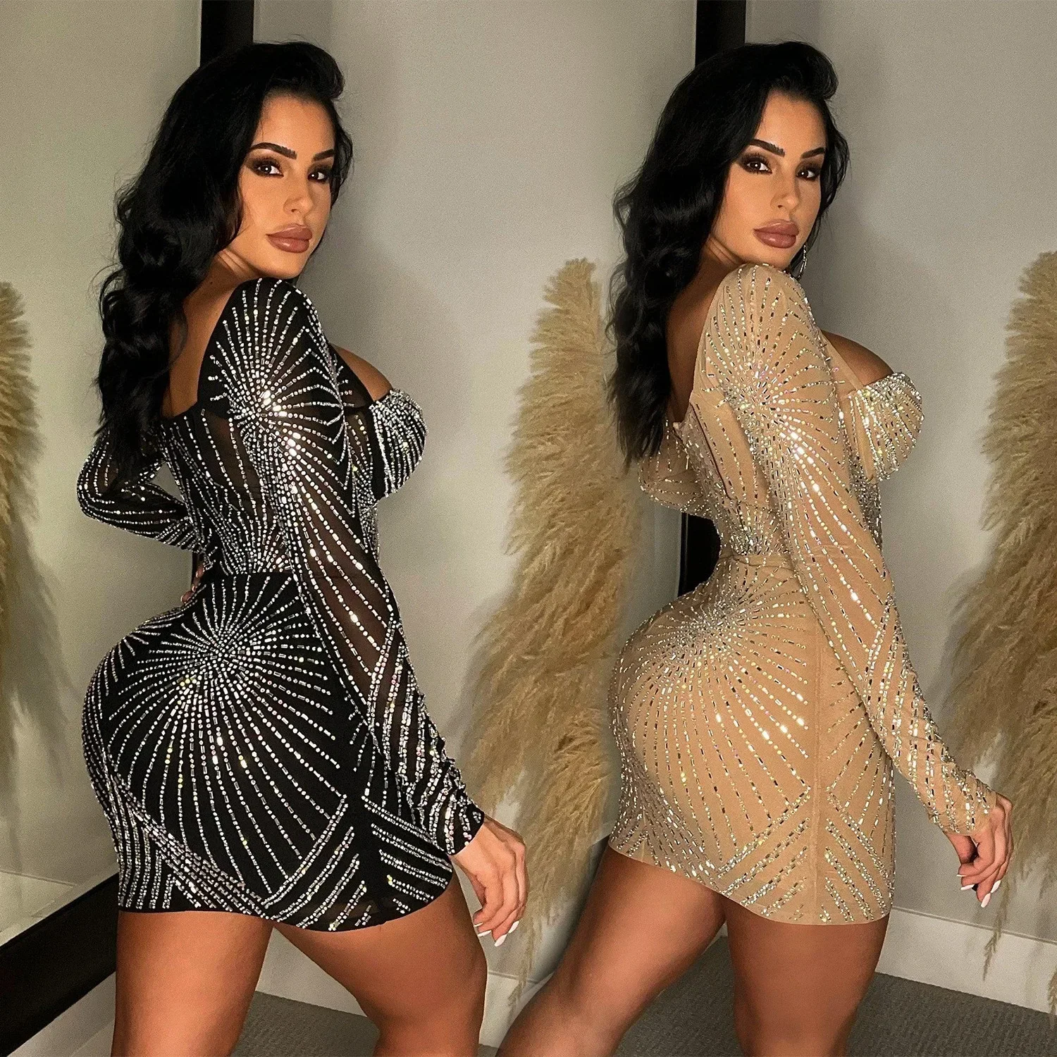 Women Long Sleeve Square Neck Bodycon Slim Sheath Mini Dress Sequined Sexy Evening Fashion Dress