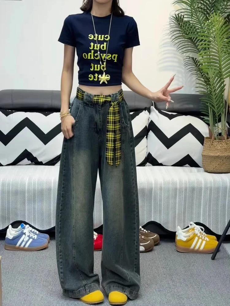 レトロブルーデニムジーンズメンズ秋カジュアルルーズストレートレッグハイウエストスリムワイドレッグパンツストレートカットナイフ