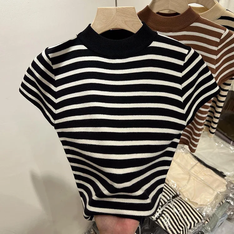 2026 Rollkragenpullover Gestreifter Pullover Slim Fit Oberteil Damen Frühling und Herbst Kurzarm Unterziehpullover – Detail 14