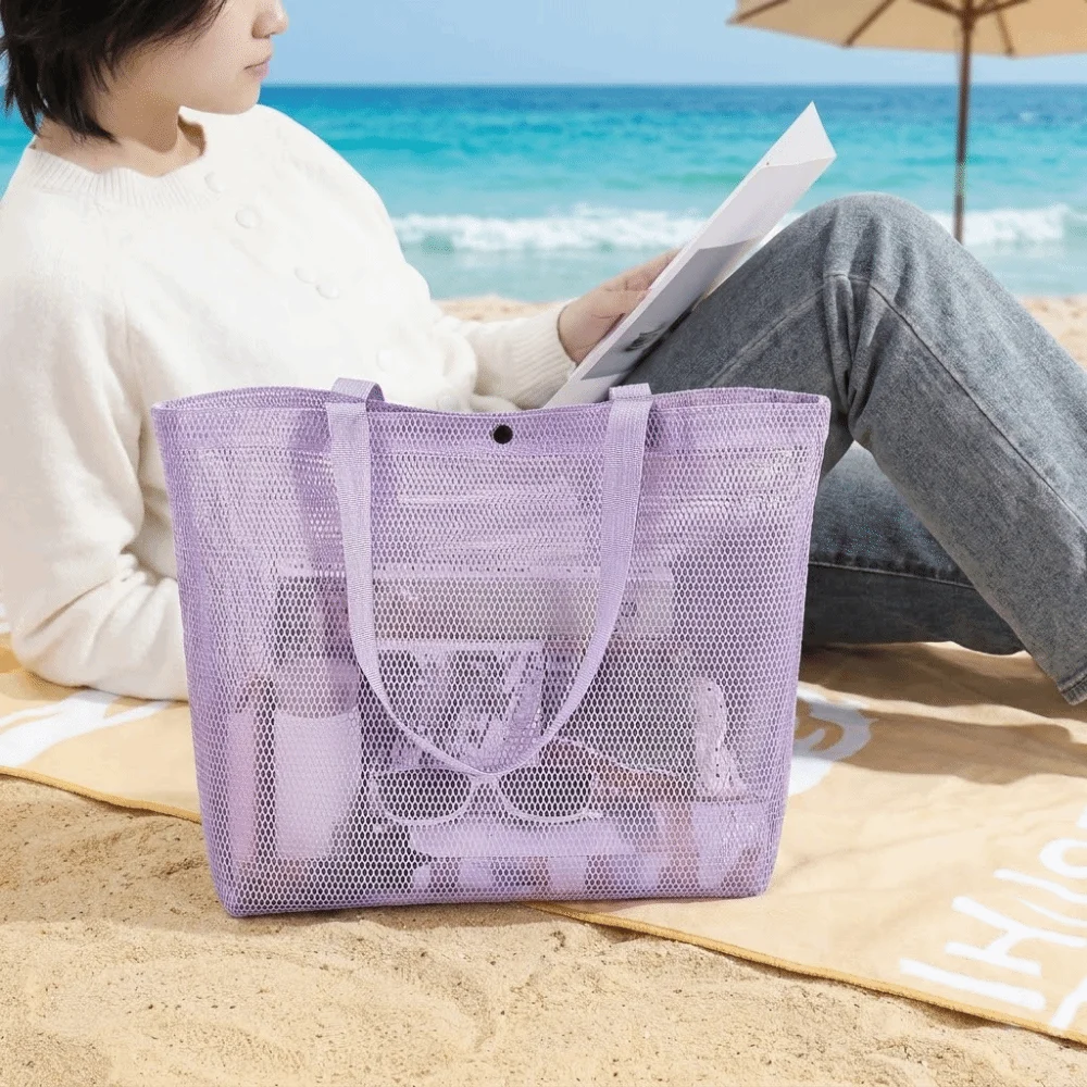 Large Capacity Mesh Beach Bag Portable Foldable Toiletry Storage Bag Hollow Pocket Lightweight Toiletries Organizer Pool