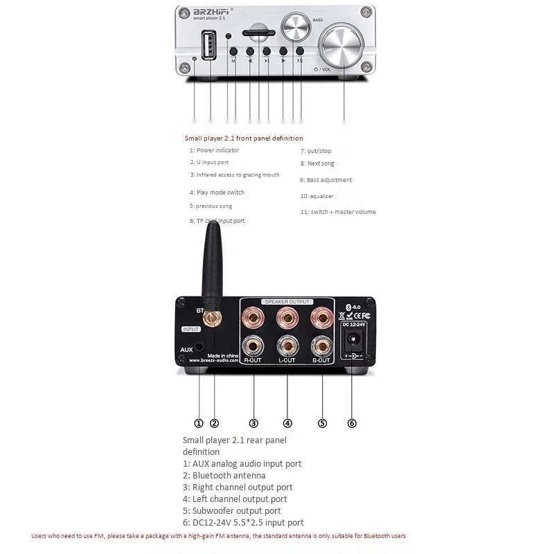 BRZHIFI 50 W x 2 + 100 W Subwoofer Cyfrowy mały wzmacniacz mocy dużej mocy HIFI Poziom gorączki 3116 Wzmacniacz Bluetooth 5.0 TF Srebrny