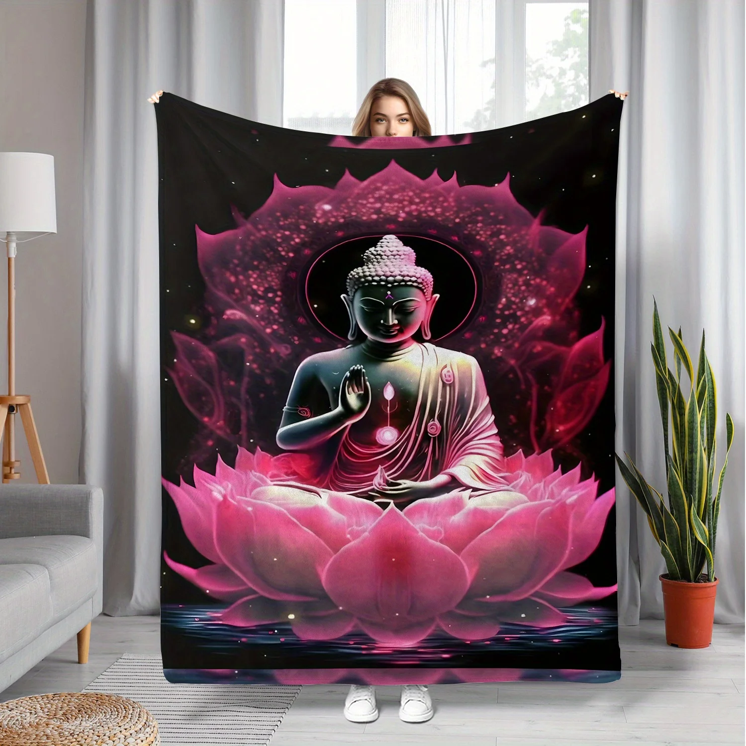 Buddha Lotus Flannel Blanket Glowing Pink Sacred Buddha Art Soft Warm Living Room Couch Wrap Serene Relaxing Decor Certified