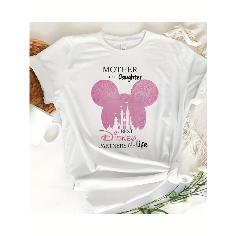 

Disney Mother and Daughter Same T-shirt Women's White Sparkling Pink Mickey Silhouette and Castle Pattern Printed T-shirt