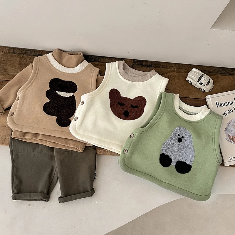 Autumn And Winter Baby Boys And Girls Cute Cartoon Plus Velvet Vest Children's Casual Warm Everything Baby Vest Clothes