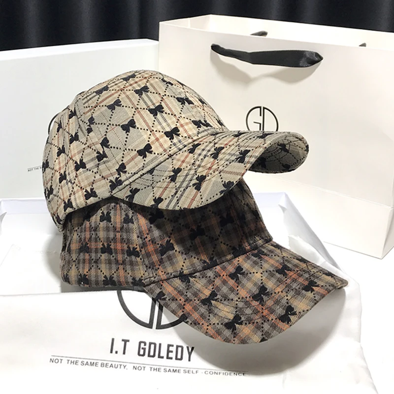 Street-shot Net Red Duck Cap Female Face Small Bow Plaid Hat Spring and Autumn Fashion Sunhat Retro Outdoor Baseball Caps