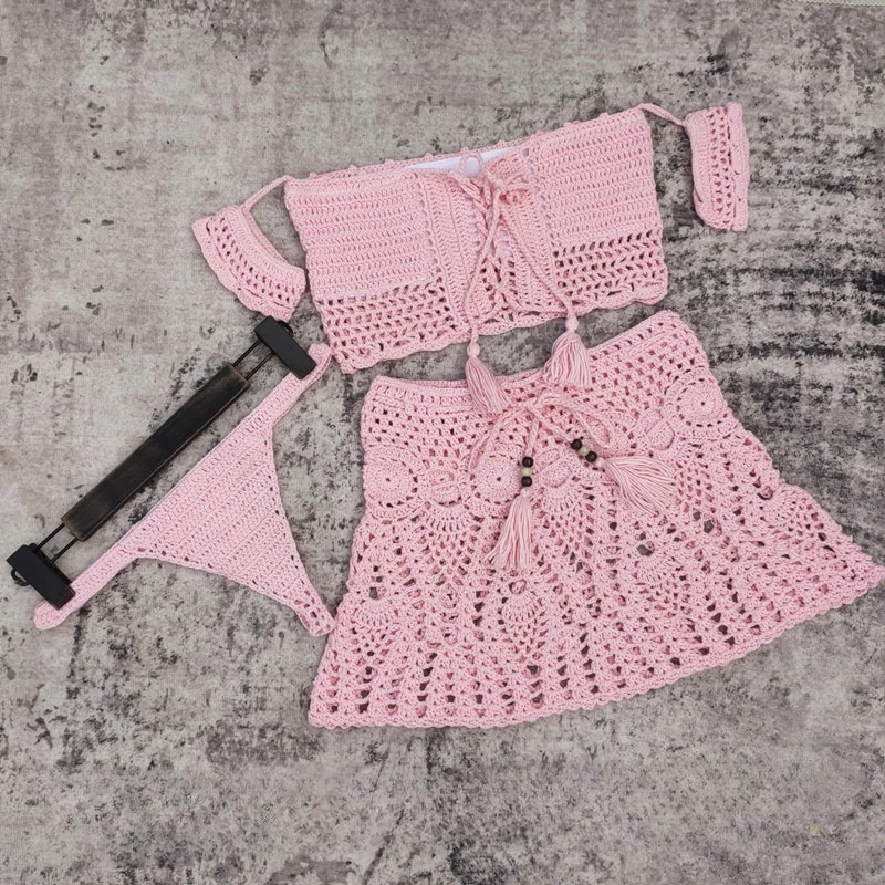 ถักบิกินี่ผู้หญิงชุดปิดไหล่ Lace Up Crop Top Hollow Out กระโปรงมินิ 2025 ใหม่ Spice สาวเซ็กซี่ Beach Cover Up